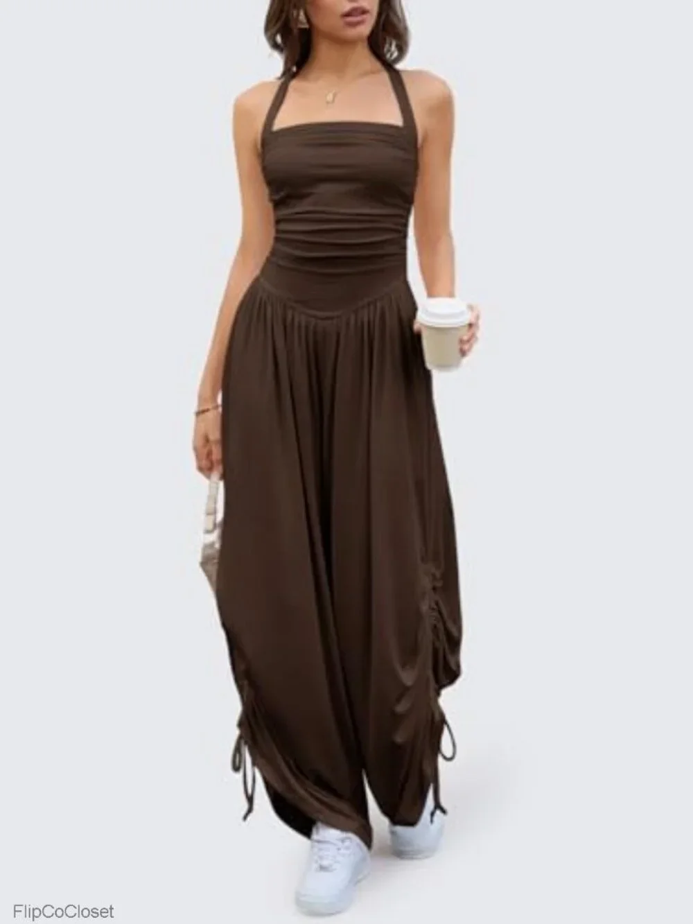 Womens Halter Jumpsuit Sleeveless Wide Leg Side-Cinch Ruched Barrel Pant Romper